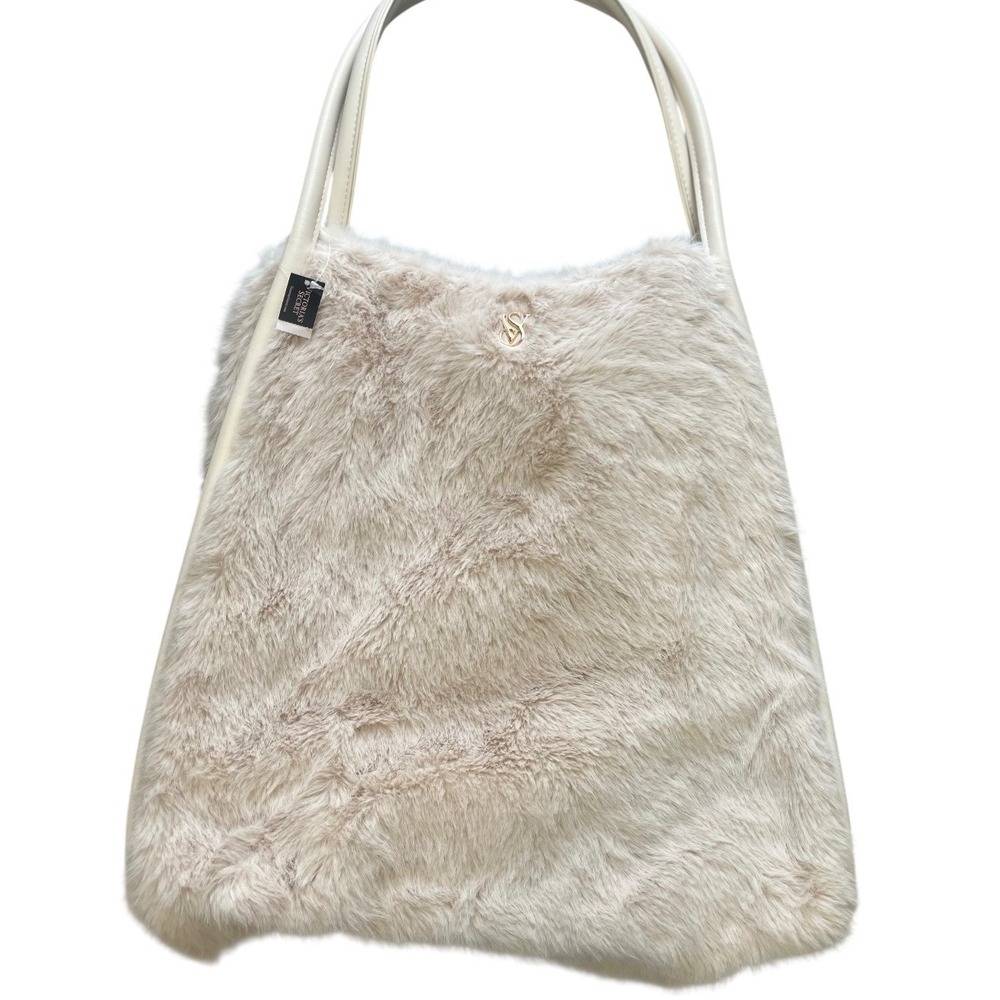 Victoria's Secret Faux Fur Tote Bag Cream Beige Gold VS Logo‎ NWT 27197087